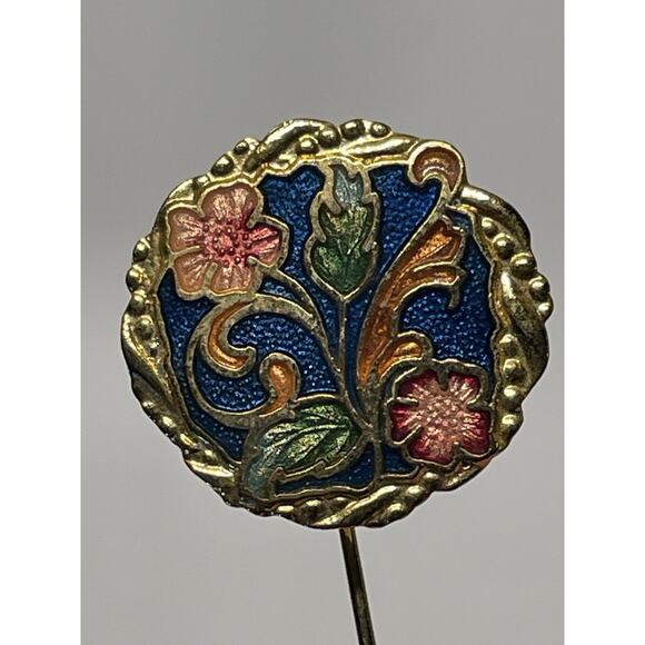 Vintage Cloisonne Enamel Floral Stickpin Stick Pin Gold Tone MCM - Picture 5 of 5
